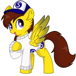 Size: 800x800 | Tagged: safe, artist:rainbow eevee, derpibooru import, oc, oc:ponyseb, pegasus, pony, 2020 community collab, derpibooru community collaboration, clothes, cute, cutie mark, daaaaaaaaaaaw, hat, male, open mouth, pegasus oc, simple background, snapback, solo, spread wings, sweater, transparent background, vector, wings