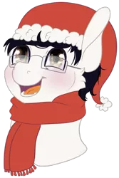 Size: 641x957 | Tagged: source needed, useless source url, safe, alternate version, artist:sparky, derpibooru import, oc, oc:golden note, pony, background removed, bust, christmas, clothes, glasses, hat, holiday, santa hat, scarf, simple background, smiling, solo, transparent background