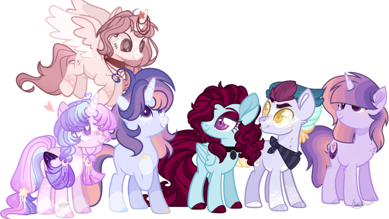 Size: 2372x1340 | Tagged: safe, artist:jaysey, artist:jisootheartist, artist:lavender-doodles, artist:moon-rose-rosie, artist:moonie-dreams, artist:nighty-drawz, artist:shiibases, derpibooru import, oc, oc:astral breeze, oc:lapis skies, oc:moon magic, oc:sakura evelyn, alicorn, earth pony, pegasus, pony, unicorn, alicorn oc, alternate universe, bandana, base used, collaboration, collar, earth pony oc, female, femboy, flying, hair over eyes, hair over one eye, horn, magical lesbian spawn, male, offspring, parent:rainbow dash, parent:twilight sparkle, parents:twidash, pegasus oc, simple background, transparent background, unicorn oc, wings