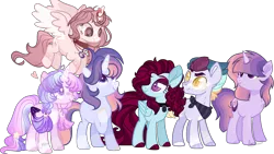 Size: 2372x1340 | Tagged: safe, artist:jaysey, artist:jisootheartist, artist:lavender-doodles, artist:moon-rose-rosie, artist:moonie-dreams, artist:nighty-drawz, artist:shiibases, derpibooru import, oc, oc:astral breeze, oc:lapis skies, oc:moon magic, oc:sakura evelyn, alicorn, earth pony, pegasus, pony, unicorn, alicorn oc, alternate universe, bandana, base used, collaboration, collar, earth pony oc, female, femboy, flying, hair over eyes, hair over one eye, horn, magical lesbian spawn, male, offspring, parent:rainbow dash, parent:twilight sparkle, parents:twidash, pegasus oc, simple background, transparent background, unicorn oc, wings