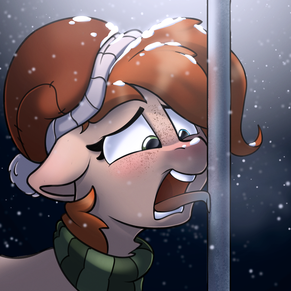 Size: 2348x2345 | Tagged: safe, artist:rexyseven, derpibooru import, oc, oc:rusty gears, earth pony, pony, female, mare, snow, solo, tongue out, tongue stuck to pole