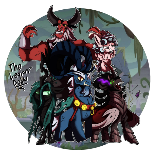 Size: 1280x1195 | Tagged: safe, artist:jxst-starly, derpibooru import, cozy glow, grogar, king sombra, lord tirek, queen chrysalis, centaur, changeling, changeling queen, pegasus, pony, sheep, unicorn, antagonist, beard, crown, evil, evil grin, eyebrows, facial hair, fangs, female, filly, glowing eyes, grin, horns, jewelry, legion of doom, male, my little pony logo, nose piercing, nose ring, piercing, raised eyebrow, ram, regalia, shackles, simple background, smiling, sombra eyes, transparent background