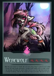 Size: 1543x2160 | Tagged: safe, artist:lonerdemiurge_nail, derpibooru import, oc, oc:hopple scotch, unofficial characters only, earth pony, hengstwolf, pony, werewolf, angry, card, chains, commission, cuffs, drool, female, feral, fog, forest, full moon, halloween, holiday, image, looking at you, mare, moon, night, png, raised leg, solo, species swap, text, were, ych result