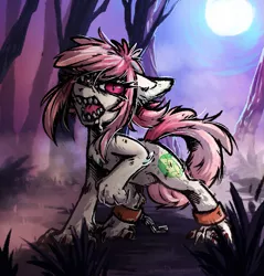 Size: 1339x1399 | Tagged: safe, alternate version, artist:lonerdemiurge_nail, derpibooru import, oc, oc:hopple scotch, unofficial characters only, earth pony, hengstwolf, pony, werewolf, angry, chains, commission, cuffs, drool, female, feral, fog, forest, full moon, looking at you, mare, moon, night, raised leg, solo, species swap, ych result