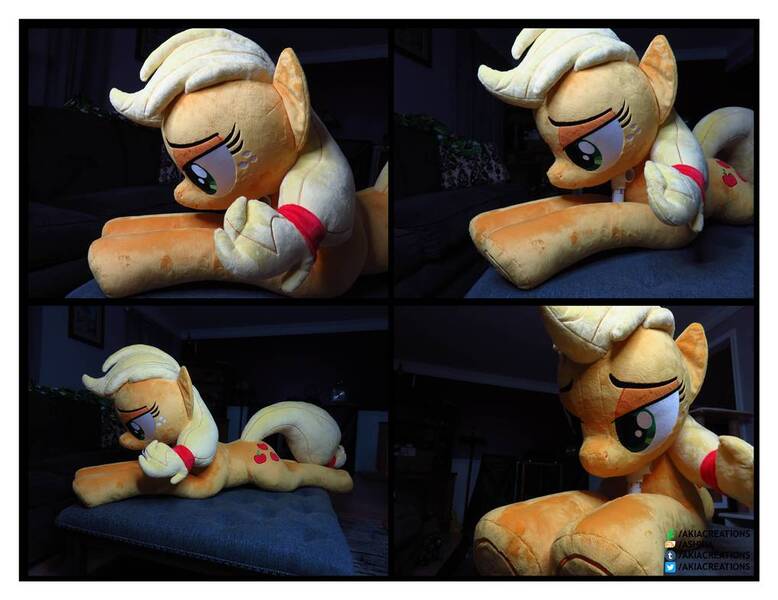 Size: 1018x785 | Tagged: safe, artist:akiacreations, derpibooru import, applejack, earth pony, pony, female, irl, lidded eyes, life size, mare, photo, plushie, prone, solo, underhoof