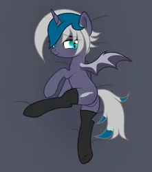 Size: 1389x1571 | Tagged: suggestive, artist:xxloro-uwu, derpibooru import, oc, oc:elizabat stormfeather, unofficial characters only, alicorn, bat pony, bat pony alicorn, pony, adorasexy, alicorn oc, bat pony oc, bat wings, bedroom eyes, black socks, clothes, commission, cute, featureless crotch, female, femsub, horn, mare, raised hoof, raised leg, sexy, socks, solo, solo female, stockings, submissive, thigh highs, wings, ych result