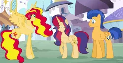 Size: 1249x640 | Tagged: safe, artist:californsaishi001, derpibooru import, flash sentry, sunset shimmer, oc, oc:sunrise, alicorn, pony, alicorn oc, alicornified, base used, deviantart watermark, family, female, flashimmer, horn, male, obtrusive watermark, offspring, parent:flash sentry, parent:sunset shimmer, parents:flashimmer, race swap, shimmercorn, shipping, straight, watermark, wings