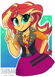 Size: 1431x1984 | Tagged: safe, artist:shibaroll, deleted from derpibooru, derpibooru import, sunset shimmer, equestria girls, equestria girls series, abstract background, cute, female, geode of empathy, heart, looking at you, magical geodes, peace sign, shimmerbetes, solo