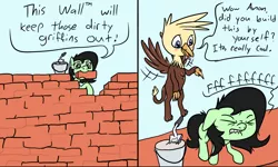 Size: 1000x600 | Tagged: safe, artist:happy harvey, derpibooru import, oc, oc:anonfilly, unofficial characters only, gryphon, pony, blushing, brick, brick wall, bucket, cement, colored, comic, dialogue, didn't think this through, female, fffuuuuu, filly, flying, lip bite, male, stupidity, wall