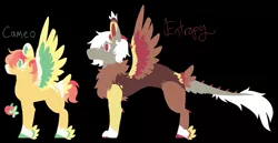 Size: 1244x642 | Tagged: safe, artist:lepiswerid, derpibooru import, oc, oc:cameo (lepiswerid), oc:entropy (lepiswerid), draconequus, hybrid, pegasus, pony, black background, colored hooves, feathered fetlocks, half-siblings, interspecies offspring, male, mane, marsverse, offspring, parent:big macintosh, parent:discord, parent:fluttershy, parents:discoshy, parents:fluttercordmac, parents:fluttermac, simple background, spikes, tail, tail feathers