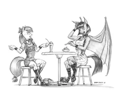 Size: 1400x1086 | Tagged: safe, artist:baron engel, derpibooru import, apple bloom, oc, oc:nightfall, anthro, bat pony, earth pony, unguligrade anthro, anthro oc, bat pony oc, bat wings, belly button, boots, choker, clothes, duo, eyes closed, female, food, grayscale, ice cream, image, jewelry, jpeg, milkshake, monochrome, necklace, pencil drawing, ribbon, shoes, simple background, sitting, spoon, talking, teenager, traditional art, white background, wings