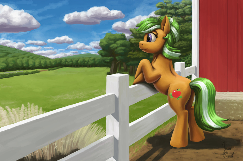 Size: 1750x1160 | Tagged: safe, artist:zevironmoniroth, derpibooru import, apple leaves, earth pony, pony, apple family member, barn, cloud, crossed hooves, cutie mark, fence, grass, scenery, sky, smiling, solo, tree