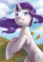 Size: 3508x4961 | Tagged: safe, artist:grecha-art, derpibooru import, rarity, pony, unicorn, blushing, cute, eyeshadow, female, leaves, lidded eyes, looking at you, makeup, mare, rearing, rt, smiling, solo