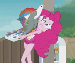 Size: 1076x903 | Tagged: safe, derpibooru import, screencap, pinkie pie, bird, seagull, equestria girls, equestria girls series, too hot to handle, beach, clothes, cropped, faic, female, geode of sugar bombs, legs, magical geodes, outdoors, sleeveless, snow cone, snowcone, swimsuit, tray