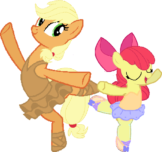 Size: 633x594 | Tagged: safe, artist:angrymetal, derpibooru import, apple bloom, applejack, pony, applerina, arms in the air, ballerina, ballerinas, ballet, ballet dancing, ballet slippers, bloomerina, clothes, dancing, eyes closed, eyes open, female, needs more pixels, on one leg, open mouth, pas de deux, pixelated, siblings, simple background, sisters, smiling, transparent background, tutu, tutus