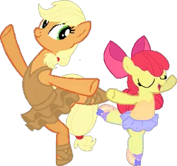 Size: 633x594 | Tagged: safe, artist:angrymetal, derpibooru import, apple bloom, applejack, pony, applerina, arms in the air, ballerina, ballerinas, ballet, ballet dancing, ballet slippers, bloomerina, clothes, dancing, eyes closed, eyes open, female, needs more pixels, on one leg, open mouth, pas de deux, pixelated, siblings, simple background, sisters, smiling, transparent background, tutu, tutus