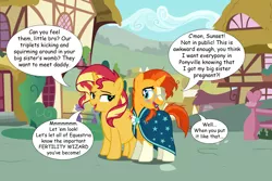 Size: 3000x2000 | Tagged: safe, artist:boneswolbach, artist:cloudyglow, artist:famousmari5, derpibooru import, edit, edited edit, editor:wild stallions, stellar flare, sunburst, sunset shimmer, pony, unicorn, comic:the first incestuous foal of sunset shimmer, brother and sister, clothes, description is relevant, embarrassed, explicit description, female, flirting, glasses, incest, male, mother and son, ponyville, pregnant, robe, shimmerburst, shipping, siblings, speech bubble, straight, sunburst's robe, suncest, suncest shimmer, sunny siblings, sunset preggers, vector