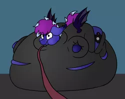 Size: 3000x2373 | Tagged: suggestive, artist:aaathebap, derpibooru import, oc, oc:aaaaaaaaaaa, unofficial characters only, bat pony, belly, belly bed, big belly, blueberry, blueberry inflation, clothes, food, helpless, huge belly, impossibly large belly, inflation, leash, ripped, ripping clothes, tracksuit