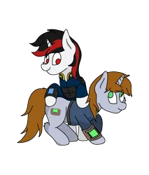 Size: 2550x3000 | Tagged: safe, artist:aaathebap, derpibooru import, oc, oc:blackjack, oc:littlepip, unofficial characters only, pony, unicorn, fallout equestria, fallout equestria: project horizons, fanfic, clothes, cute, fallout, fanfic art, female, hooves, horn, mare, pipbuck, simple background, transparent background, vault security armor, vault suit