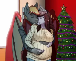 Size: 2040x1640 | Tagged: safe, artist:chacrawarrior, derpibooru import, oc, oc:savory zest, oc:scarlet quill, unofficial characters only, anthro, bat pony, anthro oc, bat pony oc, bat wings, breasts, christmas, christmas tree, clothes, commission, couple, digital art, eyes closed, fangs, female, hearth's warming eve, holiday, husband and wife, jewelry, male, mare, married couple, oc x oc, pants, pregnant, ring, romantic, scarlory, shipping, smiling, stallion, straight, sweater, tree, wedding ring, wholesome, wings