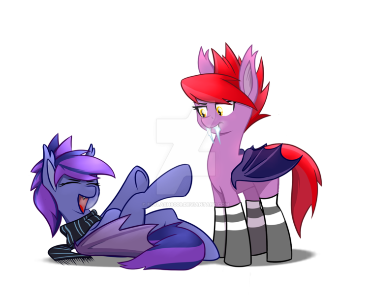 Size: 1002x797 | Tagged: safe, artist:flylash6009, derpibooru import, oc, oc:low pitch, oc:nightflower, bat pony, pony, bat pony oc, bat wings, clothes, deviantart watermark, duo, icicle, laughing, obtrusive watermark, scarf, socks, unamused, watermark, wings