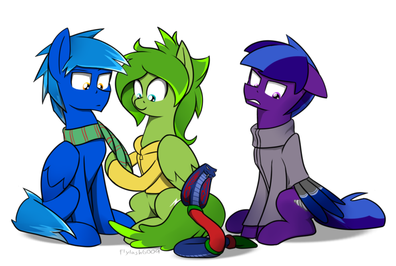 Size: 1024x688 | Tagged: safe, artist:flylash6009, derpibooru import, oc, oc:graupel, oc:gust, oc:prarie, cobra, pegasus, pony, snake, clothes, hoodie, pegasus oc, scarf, sweater, wings