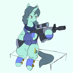 Size: 2036x2048 | Tagged: safe, artist:omegapony16, derpibooru import, oc, oc:oriponi, unofficial characters only, pony, unicorn, armor, clothes, female, gun, hoof hold, horn, mare, rifle, scarf, simple background, sitting, soldier, solo, unicorn oc, vest, weapon