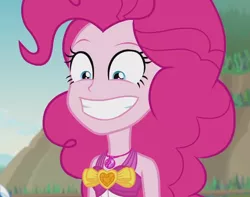 Size: 1371x1080 | Tagged: safe, derpibooru import, screencap, pinkie pie, equestria girls, equestria girls series, friendship math, beach, clothes, cropped, faic, female, geode of sugar bombs, grin, magical geodes, outdoors, ponk, smiling, solo, swimsuit, wide eyes