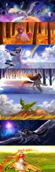 Size: 1600x4971 | Tagged: safe, artist:aquagalaxy, derpibooru import, oc, human, pegasus, pony, unicorn, wolf, autumn, clothes, cloud, floral head wreath, flower, forest, ice, ice skating, leaves, leonine tail, non-mlp oc, planet, rainbow, scarf, snow, space, tree, winter