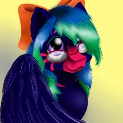 Size: 800x800 | Tagged: safe, artist:auroraswirls, derpibooru import, oc, oc:blackswan, unofficial characters only, pegasus, pony, bow, glasses, gradient background, hair bow, pegasus oc, smiling, solo, wings