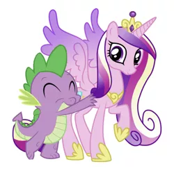 Size: 750x739 | Tagged: artist needed, safe, derpibooru import, edit, editor:undeadponysoldier, princess cadance, spike, alicorn, dragon, pony, crown, female, hug, image, infidelity, jewelry, jpeg, male, mare, raised hoof, regalia, shipping, simple background, spikedance, straight, white background