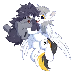 Size: 1500x1495 | Tagged: safe, artist:hioshiru, derpibooru import, oc, oc:kate, oc:kej, unofficial characters only, pegasus, pony, unicorn, 2020 community collab, derpibooru community collaboration, cute, ear fluff, female, flying, holding a pony, k+k, male, mare, oc x oc, shipping, simple background, stallion, straight, transparent background