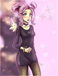 Size: 2000x2600 | Tagged: safe, artist:zefirka, derpibooru import, fluttershy, human, equestria girls, alternate hairstyle, breasts, cheekbones, choker, clothes, digital art, dress, female, floating wings, hair bun, socks, solo, stockings, thigh highs, wings, zoom layer