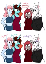 Size: 2224x3064 | Tagged: safe, artist:redxbacon, derpibooru import, oc, oc:cherry stone, oc:cotton tail, oc:ocean gleam, oc:rubber bunny, unofficial characters only, anthro, earth pony, unicorn, eyeshadow, female, makeup, piercing, prostitute, simple background, vulgar, white background