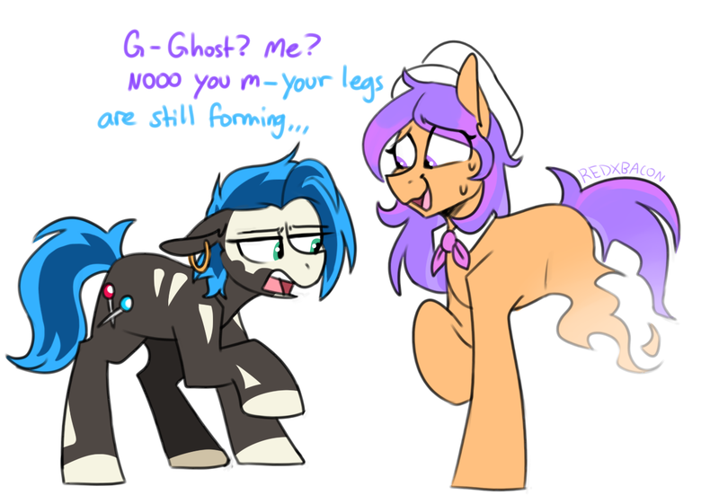 Size: 1269x890 | Tagged: safe, artist:redxbacon, derpibooru import, oc, oc:orange blossom, oc:spirit flame, unofficial characters only, earth pony, ghost, ghost pony, pony, undead, blatant lies, funny, oops, tribal, tribal marking