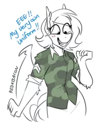 Size: 528x651 | Tagged: safe, artist:redxbacon, derpibooru import, oc, unofficial characters only, anthro, bat pony, bat pony oc, bat wings, blushing, camouflage, corporal, eeee, grin, military uniform, rolled up sleeves, simple background, smiling, solo, white background, wings