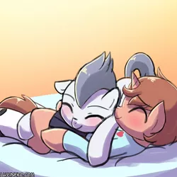 Size: 750x750 | Tagged: safe, artist:lumineko, derpibooru import, rumble, oc, oc:heroic armour, pegasus, pony, unicorn, bed, clothes, colt, crossdressing, cuddling, cute, gay, laying on bed, laying on top of someone, male, on bed, pleated skirt, shoes, skirt, smiling, snuggling, socks, sweater