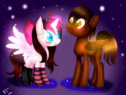 Size: 900x675 | Tagged: safe, artist:vardastouch, derpibooru import, oc, oc:bowpeep, oc:slapshot, unofficial characters only, alicorn, pony, alicorn oc, clothes, horn, shipping, socks, striped socks, wings