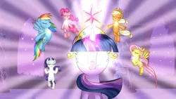 Size: 1500x843 | Tagged: safe, artist:vardastouch, derpibooru import, applejack, fluttershy, pinkie pie, rainbow dash, rarity, twilight sparkle, pony, big crown thingy, element of generosity, element of honesty, element of kindness, element of laughter, element of loyalty, element of magic, elements of harmony, jewelry, mane six, regalia, scene interpretation