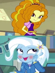 Size: 329x436 | Tagged: safe, derpibooru import, edit, edited screencap, screencap, adagio dazzle, trixie, equestria girls, equestria girls series, forgotten friendship, rainbow rocks, spoiler:eqg series (season 2), blushing, female, lesbian, shipping, shipping domino, triagio