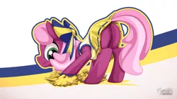 Size: 2560x1440 | Tagged: suggestive, alternate version, artist:mysticalpha, derpibooru import, cheerilee, earth pony, pony, the cart before the ponies, bow, butt, cheeribetes, cheerileeder, cheerleader, clothes, cute, dock, face down ass up, featureless crotch, female, flowerbutt, looking at you, mare, miniskirt, mooning, pleated skirt, plot, pom pom, skirt, skirt lift, solo, solo female, technically an upskirt shot