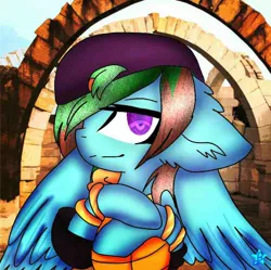 Size: 800x797 | Tagged: safe, anonymous artist, derpibooru import, oc, oc:precised note, unofficial characters only, pegasus, pony, cap, clothes, cosplay, costume, floppy ears, hat, king of fighters, lucky glauber, smiling, solo, watermark, wings, wristband
