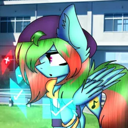 Size: 800x798 | Tagged: safe, anonymous artist, derpibooru import, oc, oc:precised note, unofficial characters only, pegasus, pony, cap, clothes, cosplay, costume, cutie mark, hat, hologram, king of fighters, lucky glauber, solo, walking, wings, worried, wristband