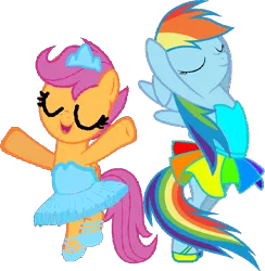 Size: 626x642 | Tagged: safe, artist:angrymetal, derpibooru import, rainbow dash, scootaloo, pony, arms in the air, ballerina, ballerinas, ballet, ballet dancing, ballet slippers, clothes, dancing, dasherina, eyes closed, open mouth, pas de deux, rainbowrina, scootarina, scootutu, simple background, smiling, transparent background, tutu, tutus