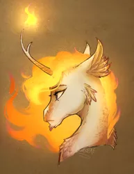 Size: 1700x2200 | Tagged: safe, artist:bootsdotexe, derpibooru import, princess celestia, pony, comic:beyond our borders, alternate design, alternate universe, bust, cheek feathers, ethereal mane, feathered ears, female, fire, forked horn, mane of fire, mane on fire, mare, portrait, signature, solo, tan background