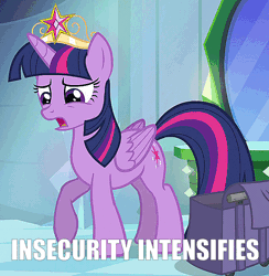 Size: 678x694 | Tagged: safe, derpibooru import, edit, edited screencap, screencap, twilight sparkle, twilight sparkle (alicorn), alicorn, equestria girls, equestria girls (movie), animated, big crown thingy, caption, cropped, element of magic, gif, horses doing horse things, image macro, insecure, jewelry, pawing the ground, regalia, solo, text