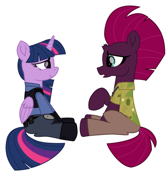 Size: 6896x7123 | Tagged: safe, artist:ejlightning007arts, derpibooru import, tempest shadow, twilight sparkle, twilight sparkle (alicorn), alicorn, unicorn, my little pony: the movie, clothes, crossover, cute, female, hawaiian shirt, judy hopps, lesbian, nick wilde, open mouth, police uniform, raised hoof, shipping, shirt, simple background, tempestlight, transparent background, vector, zootopia