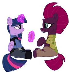 Size: 6896x7123 | Tagged: safe, alternate version, artist:ejlightning007arts, derpibooru import, tempest shadow, twilight sparkle, twilight sparkle (alicorn), alicorn, unicorn, my little pony: the movie, carrot, clothes, cosplay, costume, crossover, cute, female, food, hawaiian shirt, judy hopps, lesbian, magic, nick wilde, open mouth, pen, police uniform, raised hoof, shipping, shirt, simple background, telekinesis, tempestlight, transparent background, vector, zootopia