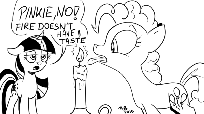 Size: 1200x675 | Tagged: safe, artist:pony-berserker, derpibooru import, pinkie pie, twilight sparkle, earth pony, pony, unicorn, black and white, candle, duo, female, fire, grayscale, i can't believe it's not idw, mare, monochrome, pinkie being pinkie, pony-berserker's twitter sketches, signature, simple background, sketch, speech bubble, this is going to hurt, this will end in pain, unicorn twilight, white background