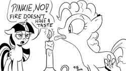 Size: 1200x675 | Tagged: safe, artist:pony-berserker, derpibooru import, pinkie pie, twilight sparkle, earth pony, pony, unicorn, black and white, candle, duo, female, fire, grayscale, i can't believe it's not idw, mare, monochrome, pinkie being pinkie, pony-berserker's twitter sketches, signature, simple background, sketch, speech bubble, this is going to hurt, this will end in pain, unicorn twilight, white background